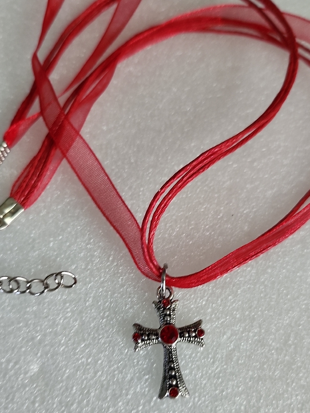Hand Crafted Red Ribbon Cross Pendant Necklace